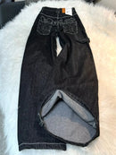 Calça jeans feminina larga bordada Y2K, preta, estilo retrô americano, casual, solta, streetwear, 2025, nova, cintura alta, larga