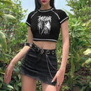 Camiseta feminina Harajuku crop top Harajuku retrô coreano preto demon punk gótico anime estampa roupas slim anime