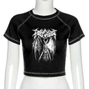 Camiseta feminina Harajuku crop top Harajuku retrô coreano preto demon punk gótico anime estampa roupas slim anime