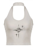 Top Feminino Y2K Olhos do Diabo Retro Estampa Pendurada no Pescoço Suspensório Colete Feminino Verão Coreano Moda Fina e Emagrecedora Top Curto