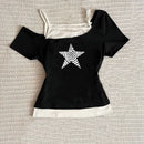 Camiseta casual de verão Y2K, estilo retrô de rua, com decote halter, conjunto de duas peças falsas, estilo de rua moderno