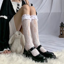 Meias de cano alto com fenda na rua, meias arrastão de renda com tiras, meias de cano alto estilo japonês JK para meninas, meias longas até o joelho Lolita