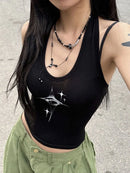 Top Feminino Y2K Olhos do Diabo Retro Estampa Pendurada no Pescoço Suspensório Colete Feminino Verão Coreano Moda Fina e Emagrecedora Top Curto