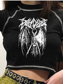 Camiseta feminina Harajuku crop top Harajuku retrô coreano preto demon punk gótico anime estampa roupas slim anime