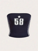 Top curto feminino com estampa de letras e estrelas, moda verão Y2K, ombro de fora, costas nuas, moda urbana