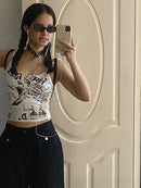 Camiseta regata feminina de malha canelada sem mangas com estampa punk Y2K E-Girl, estilo cropped dos anos 2000, estilo fada de verão, grunge, hippie dos anos 90, moda coreana