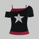 Camiseta casual de verão Y2K, estilo retrô de rua, com decote halter, conjunto de duas peças falsas, estilo de rua moderno