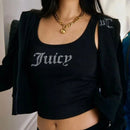 Regata feminina estética Y2K com letras e strass, estilo high street, sexy, anos 2000, tops Harajuku, casual, sem mangas