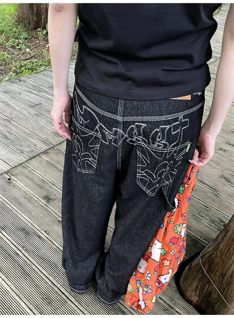 Calça jeans feminina larga bordada Y2K, preta, estilo retrô americano, casual, solta, streetwear, 2025, nova, cintura alta, larga