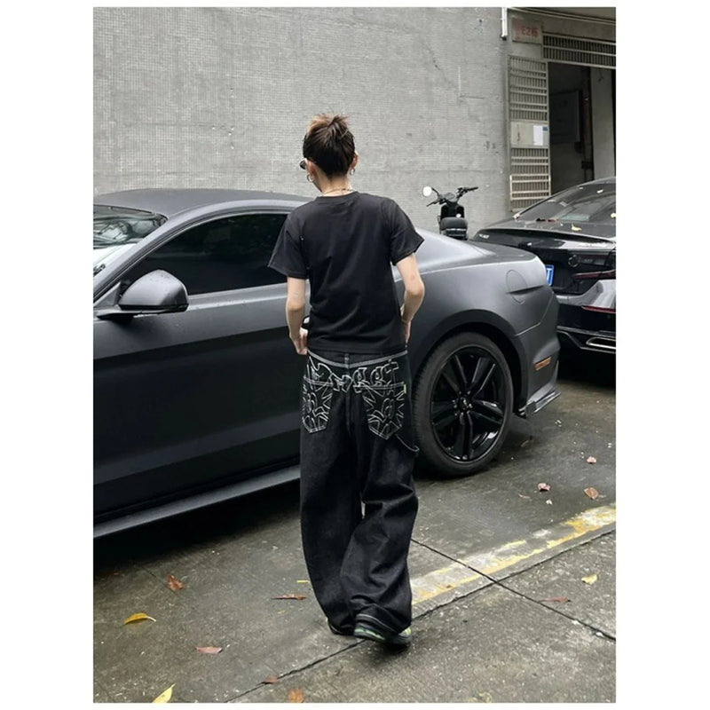 Calça jeans feminina larga bordada Y2K, preta, estilo retrô americano, casual, solta, streetwear, 2025, nova, cintura alta, larga