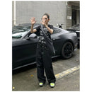 Calça jeans feminina larga bordada Y2K, preta, estilo retrô americano, casual, solta, streetwear, 2025, nova, cintura alta, larga