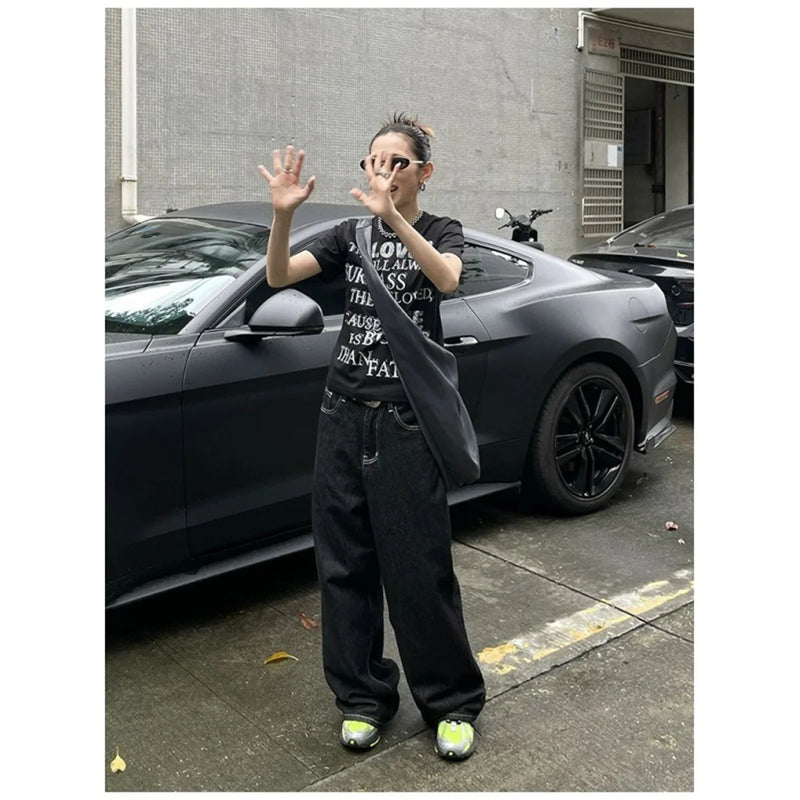 Calça jeans feminina larga bordada Y2K, preta, estilo retrô americano, casual, solta, streetwear, 2025, nova, cintura alta, larga