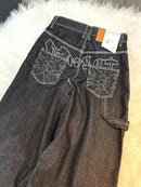 Calça jeans feminina larga bordada Y2K, preta, estilo retrô americano, casual, solta, streetwear, 2025, nova, cintura alta, larga