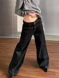 Calça jeans feminina larga bordada Y2K, preta, estilo retrô americano, casual, solta, streetwear, 2025, nova, cintura alta, larga
