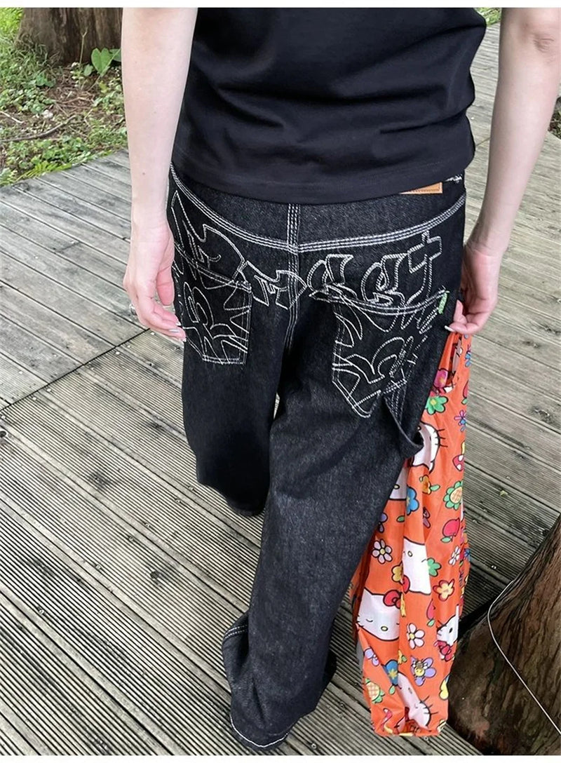 Calça jeans feminina larga bordada Y2K, preta, estilo retrô americano, casual, solta, streetwear, 2025, nova, cintura alta, larga
