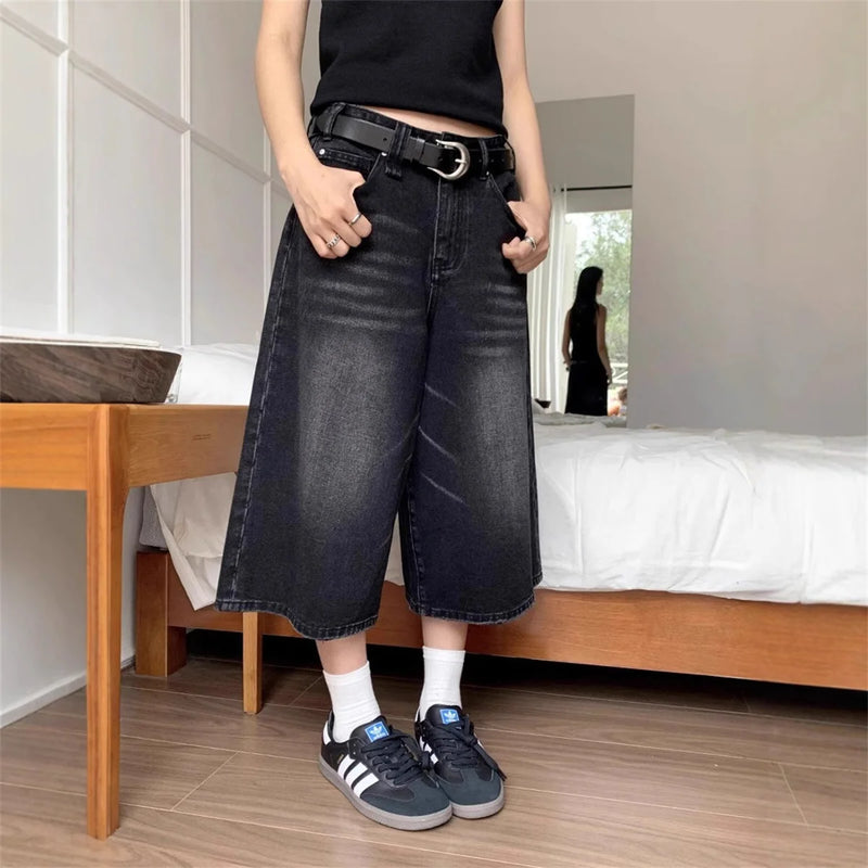 Calça jeans feminina larga bordada Y2K, preta, estilo retrô americano, casual, solta, streetwear, 2025, nova, cintura alta, larga