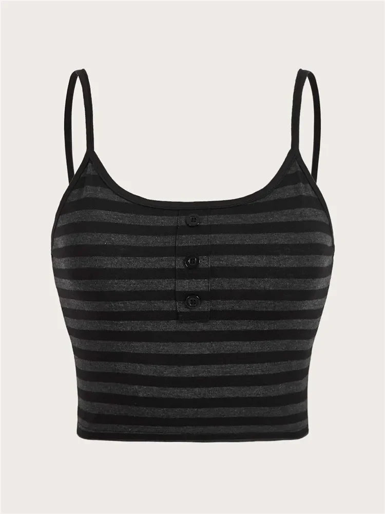 Goth Punk Listrado Botão Cami Top Feminino Verão Y2K Roupas Grunge High Street Sem Mangas Alcinhas Cropped Top Streetwear