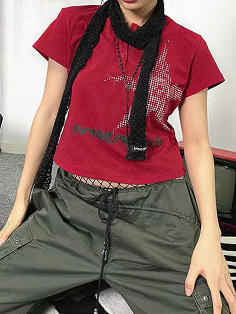 Crop top Harajuku estilo japonês com estampa de estrelas, gola redonda, manga curta, camiseta gráfica Y2K, roupas femininas, moda urbana