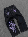 Street Fashion Trend Skull Embroidered Jeans Women Harajuku Y2K New Hip Hop Joker Straight Wide-leg Pants Couple Casual Jeans