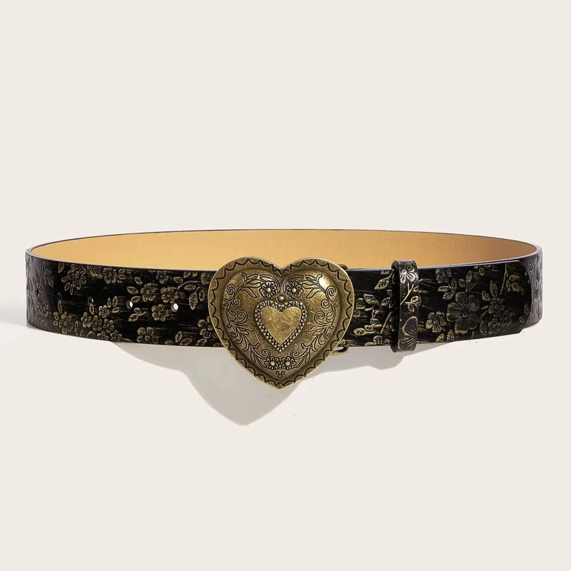 Cinto de couro PU com padrão de fivela de amor, jeans casual e moderno