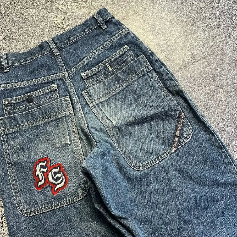 Calças jeans largas pretas bordadas com letras hip-hop Harajuku Y2K para homens e mulheres, moda retrô, nova tendência esportiva