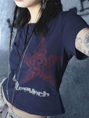 Crop top Harajuku estilo japonês com estampa de estrelas, gola redonda, manga curta, camiseta gráfica Y2K, roupas femininas, moda urbana