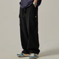 Calça de moletom masculina  primavera outono vintage japonesa perna larga reta solta botão bolsos grandes calças cargo calças com cordão