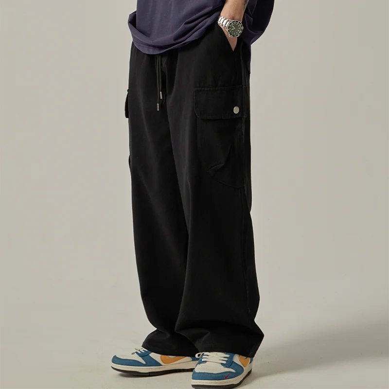 Calça de moletom masculina  primavera outono vintage japonesa perna larga reta solta botão bolsos grandes calças cargo calças com cordão