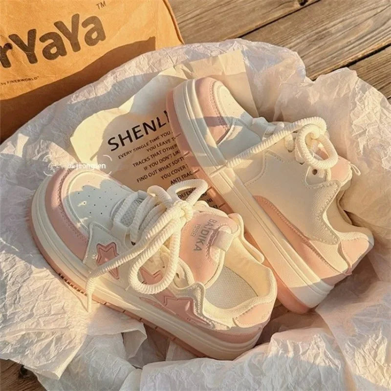 Novos sapatos coreanos Kawaii Rosa Plataforma Tênis Feminino Vintage Vulcanizado Primavera Verão Casual Tênis Feminino Sapatos Rasos