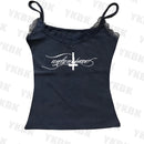 Sutiã com estampa de letras cruzadas, casual, streetwear, harajuku, grunge, punk, Y2K, top curto, chique, sexy, com acabamento em renda, emo, hip hop, feminino