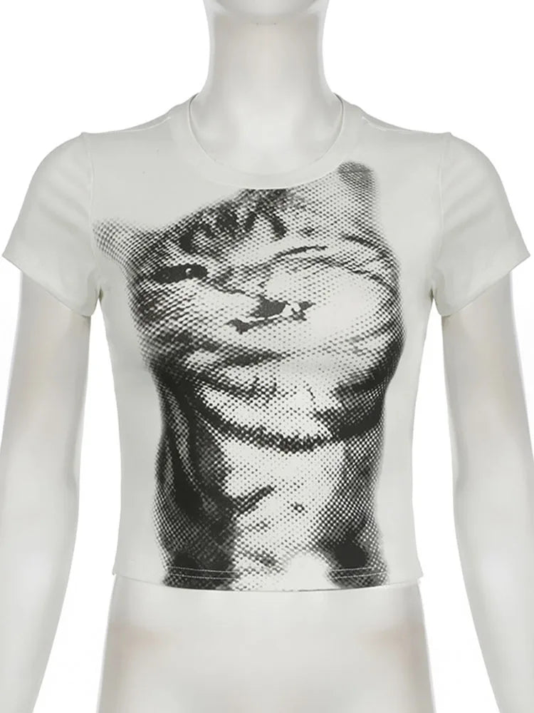 Camiseta curta Harajuku com estampa animal, básica, branca, manga curta, gola redonda, feminina, casual, justa, estilo vintage Y2K