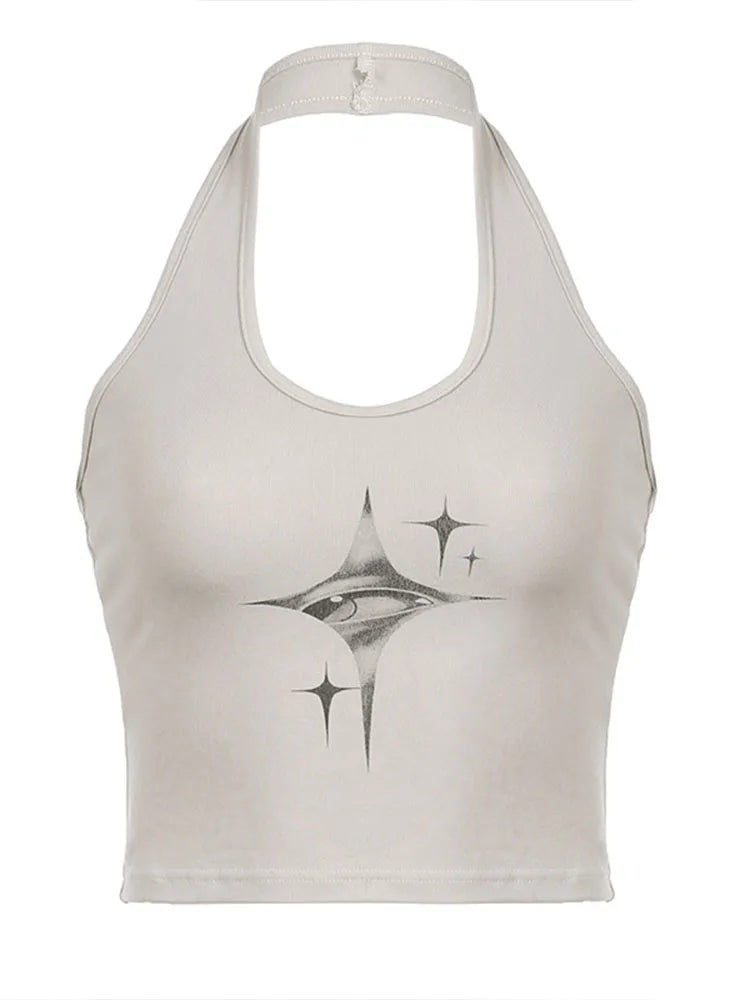 Top Feminino Y2K Olhos do Diabo Retro Estampa Pendurada no Pescoço Suspensório Colete Feminino Verão Coreano Moda Fina e Emagrecedora Top Curto