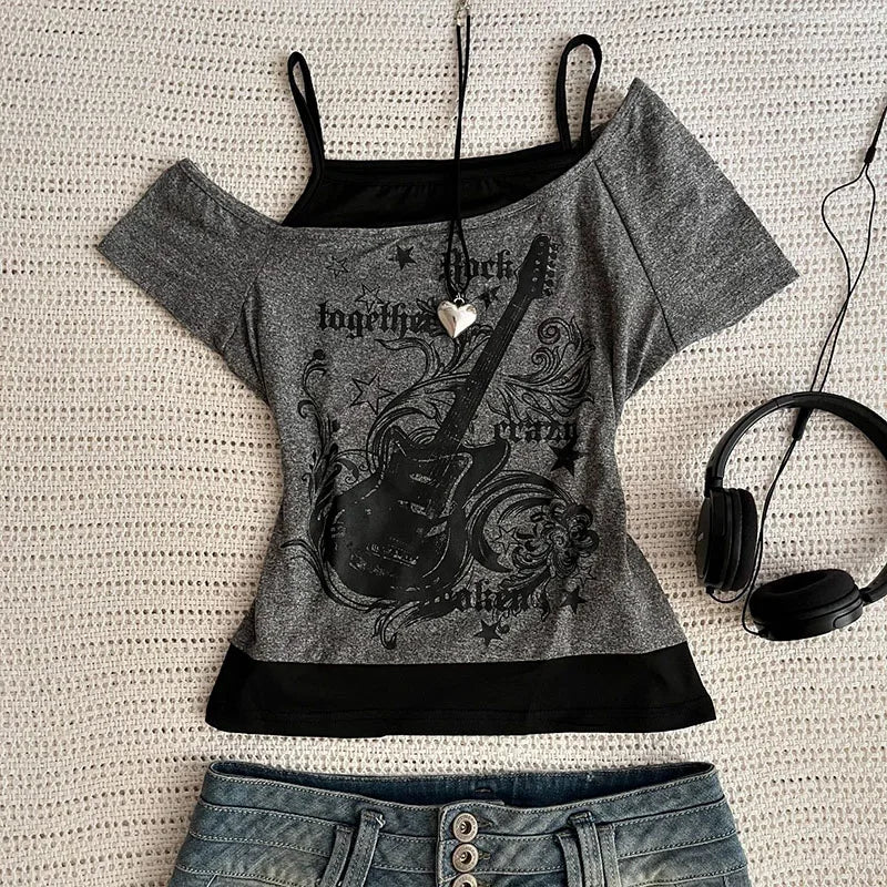 (últimas peças)Y2K Slim Fit Print Top Ombro a Ombro Manga Curta Camiseta Neploe American Vintage Falso Duas Peças Halter Lace Up T-shirts