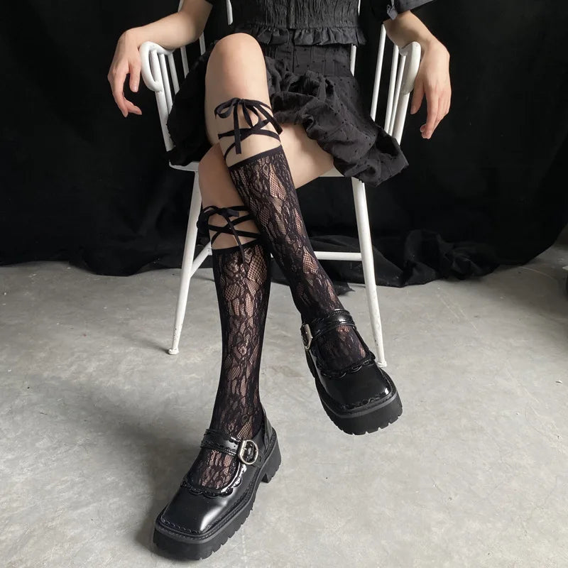 Meias de cano alto com fenda na rua, meias arrastão de renda com tiras, meias de cano alto estilo japonês JK para meninas, meias longas até o joelho Lolita
