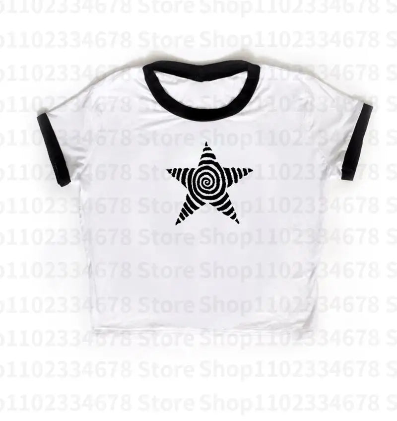 Camiseta estética gótica punk streetwear feminina casual anos 90 vintage grunge estrela estampa gráfica manga curta top curto Y2K meninas emo