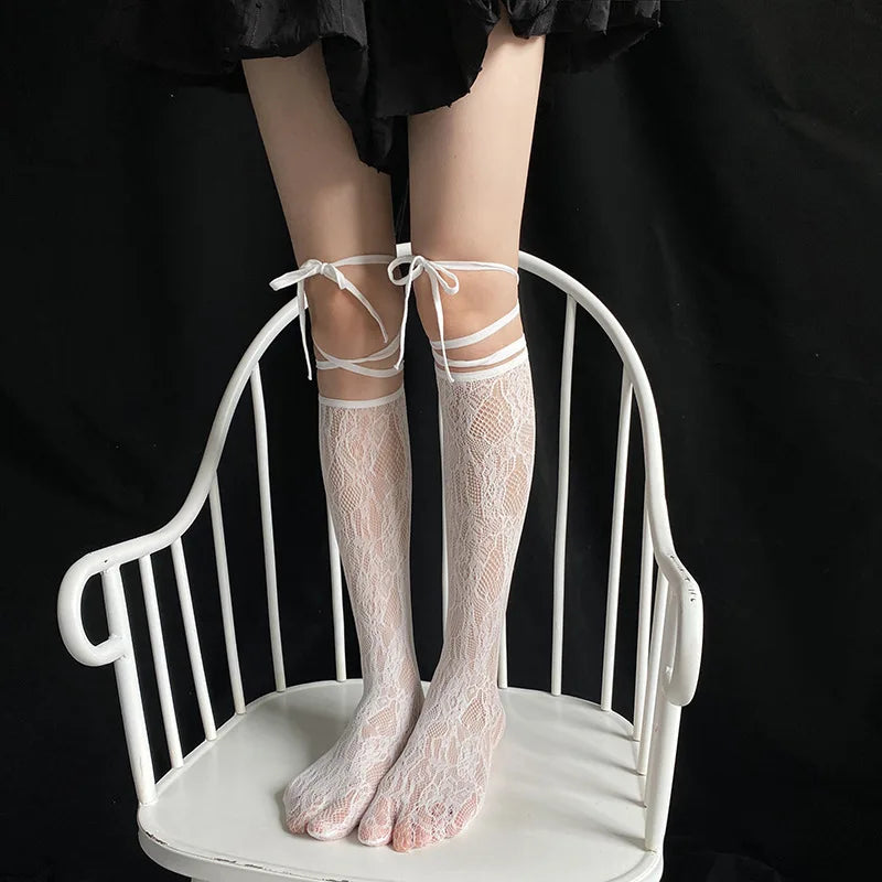 Meias de cano alto com fenda na rua, meias arrastão de renda com tiras, meias de cano alto estilo japonês JK para meninas, meias longas até o joelho Lolita