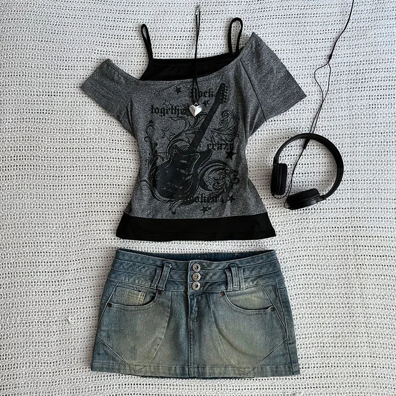(últimas peças)Y2K Slim Fit Print Top Ombro a Ombro Manga Curta Camiseta Neploe American Vintage Falso Duas Peças Halter Lace Up T-shirts