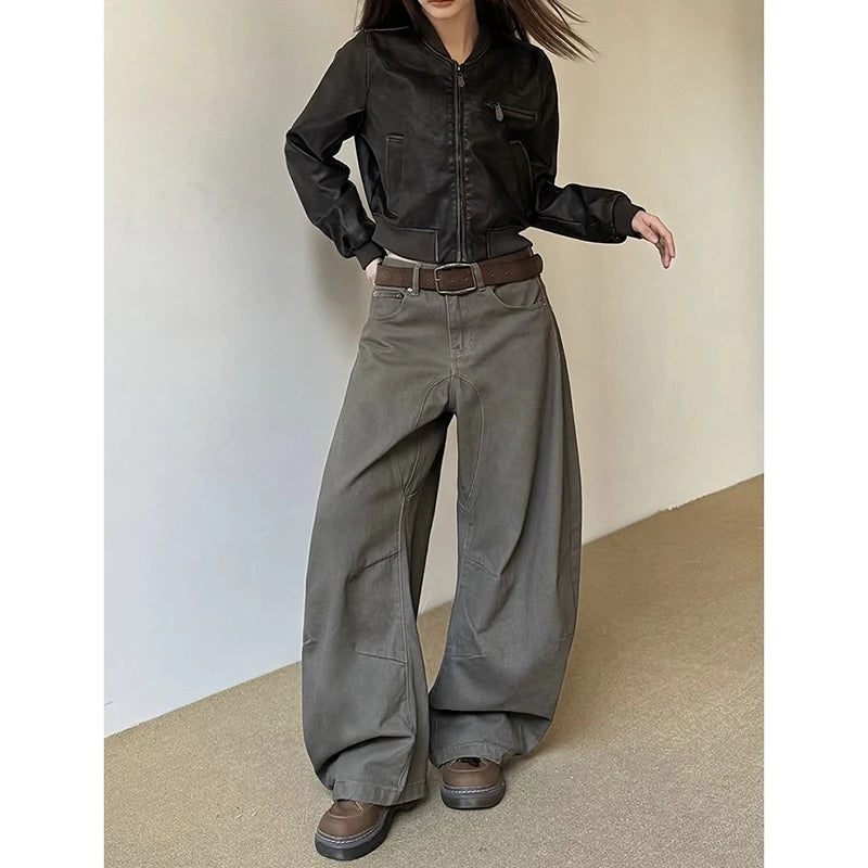 Calça jeans estilo vintage americano anos 2000, cintura alta, estilo camelo, moda primavera feminina, larga, Y2K, perna larga, roupas femininas