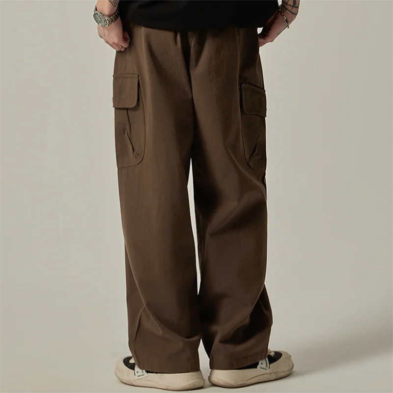 Calça de moletom masculina  primavera outono vintage japonesa perna larga reta solta botão bolsos grandes calças cargo calças com cordão