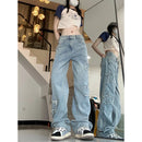 Calça jeans feminina retrô americana de rua, primavera e outono, novo design, bordado, cintura alta, fina, perna larga, maré
