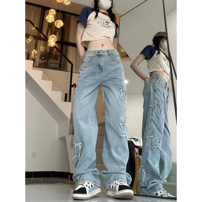 Calça jeans feminina retrô americana de rua, primavera e outono, novo design, bordado, cintura alta, fina, perna larga, maré