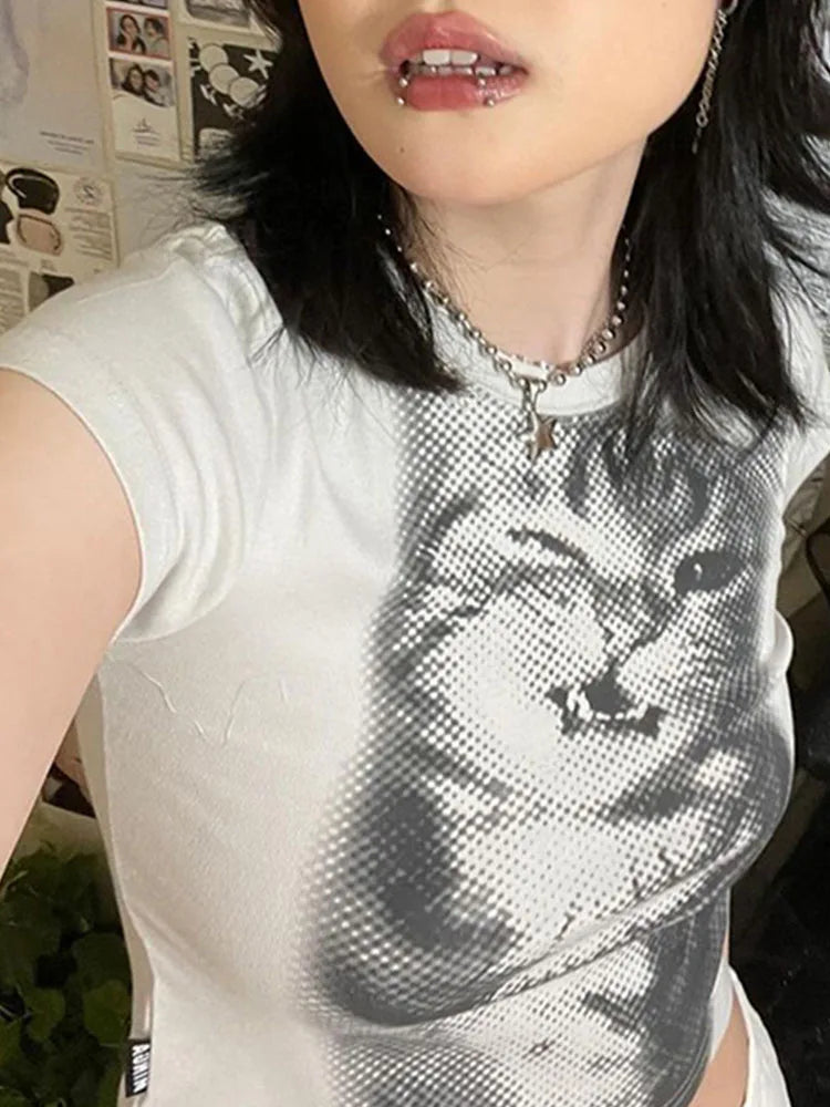 Camiseta curta Harajuku com estampa animal, básica, branca, manga curta, gola redonda, feminina, casual, justa, estilo vintage Y2K