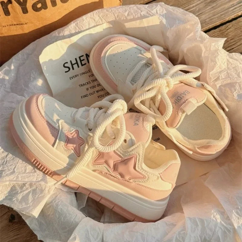 Novos sapatos coreanos Kawaii Rosa Plataforma Tênis Feminino Vintage Vulcanizado Primavera Verão Casual Tênis Feminino Sapatos Rasos