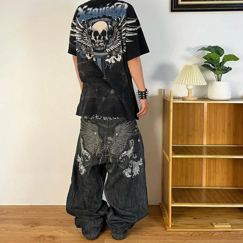 Calças jeans largas pretas bordadas com letras hip-hop Harajuku Y2K para homens e mulheres, moda retrô, nova tendência esportiva