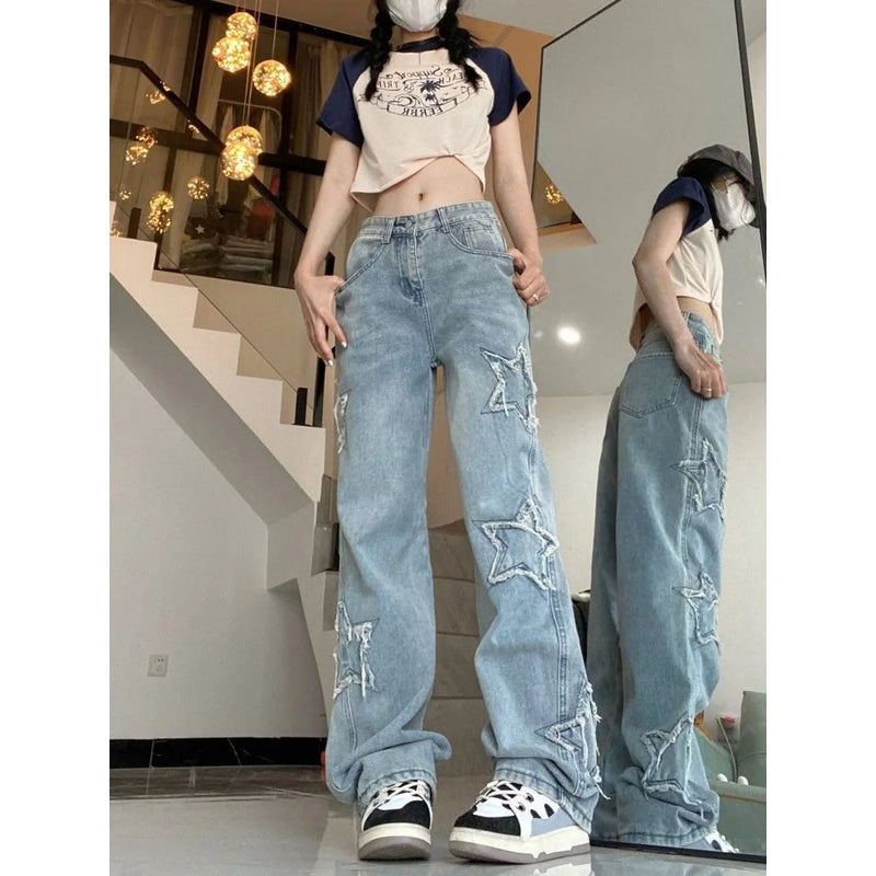 Calça jeans feminina retrô americana de rua, primavera e outono, novo design, bordado, cintura alta, fina, perna larga, maré