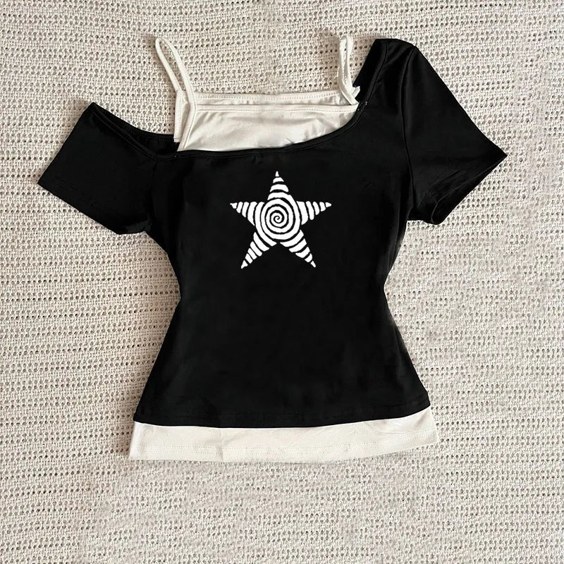 Camiseta casual de verão Y2K, estilo retrô de rua, com decote halter, conjunto de duas peças falsas, estilo de rua moderno