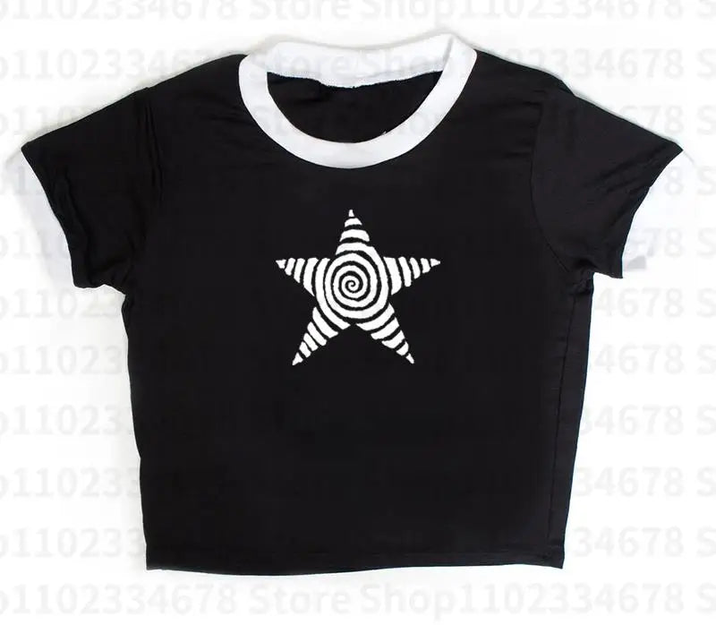 Camiseta estética gótica punk streetwear feminina casual anos 90 vintage grunge estrela estampa gráfica manga curta top curto Y2K meninas emo