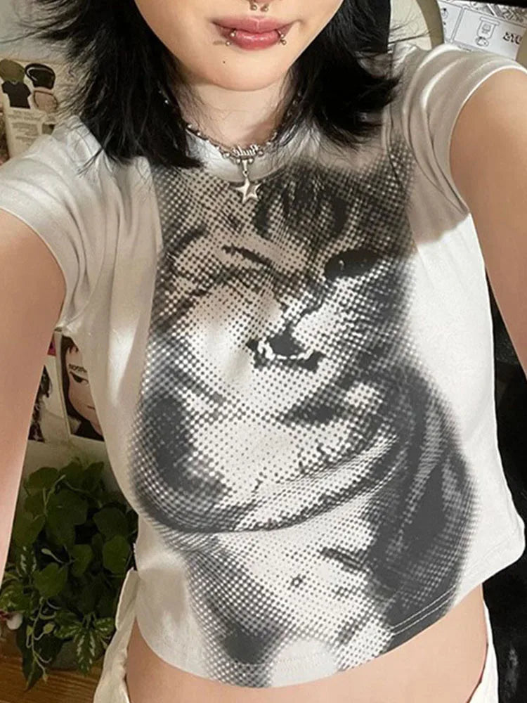 Camiseta curta Harajuku com estampa animal, básica, branca, manga curta, gola redonda, feminina, casual, justa, estilo vintage Y2K