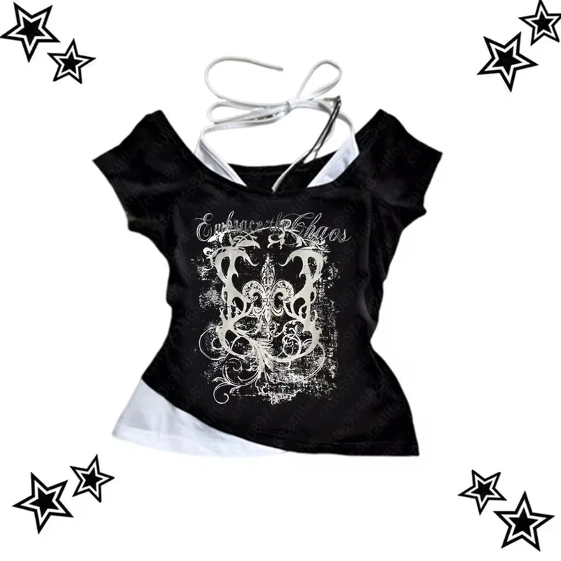 Camiseta feminina punk vintage dos anos 90, moda urbana, sexy, manga curta, gótica, slim, top curto, camiseta casual feminina, harajuku, anos 2000