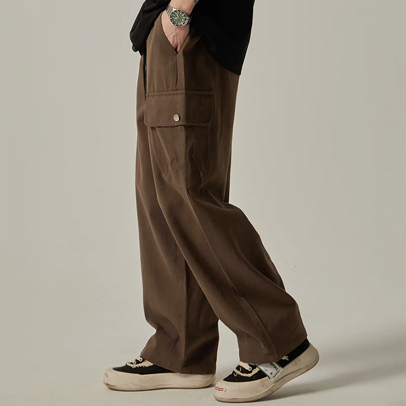 Calça de moletom masculina  primavera outono vintage japonesa perna larga reta solta botão bolsos grandes calças cargo calças com cordão